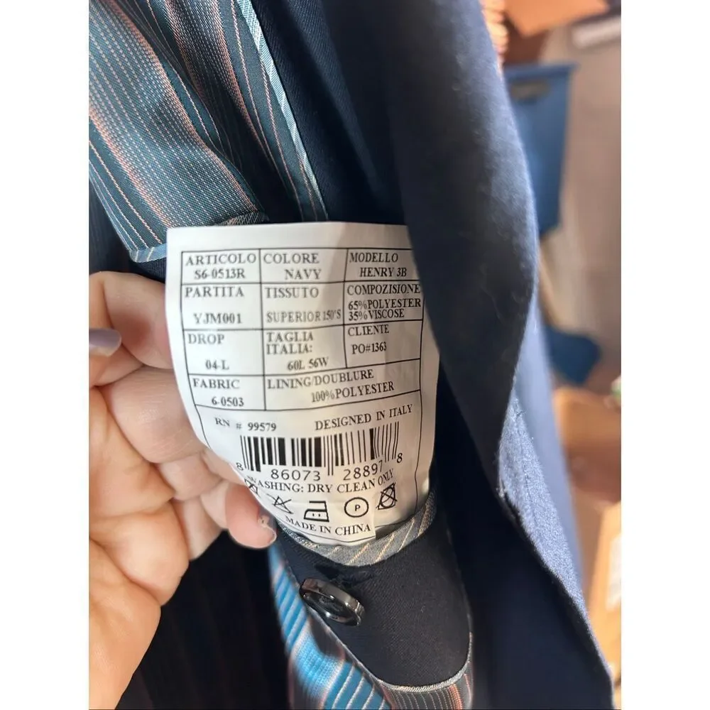 Caravelli Navy Blue Suite 60L 56W Jacket and Pants Small Hole in back of leg as